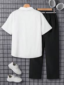 SHEIN 2pcs/Set Teen Boys Black & White Short Sleeve Shirt With Contrast Logo Print, Collared Shirt And Pants Gentleman Outfit, Suitable For School, Commute, Casual, Sports, Spring/Summer - Black and White - View 5