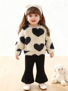 2pcs/Set Baby Girls Heart Pattern Knitted Fluffy Sweater And Fleece Bell-Bottom Pants,Black Autumn Cute Family Matching Winter Outfits For Daily Wear - Multicolor - View 8