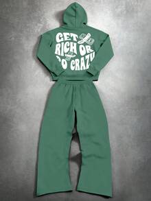 Manfinity EMRG Bộ 2 áo hoodie và quần nỉ in họa tiết đường phố thường ngày cho nam, trang phục mùa thu - màu xanh lá - Xem 3