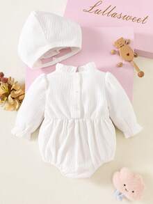 SHEIN 可爱蝴蝶结公主连体衣，适合女婴，新生儿可爱服装，100天适用，春秋季 - 米色 - 查看 3