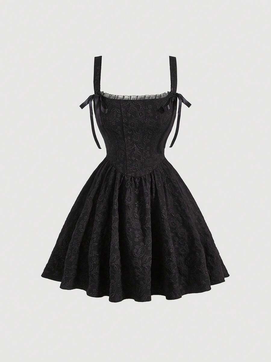 SHEIN MOD Solid Knot Detail Jacquard Cami Dress,Black Jacquard Mini Dress, Square Neck, Flare Skirt, Wide Strap, Party, Wedding, Textured Fabric, Ribbon Tie Detail, Elegant, Sleeveless, Classic, Evening, Summer, Floral, Vintage, Youthful, Statement, Soft, Women, Chic, Fit And Flare - Black - View 1