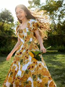 SHEIN MOD 梵高向日葵绘画图案连衣裙，泡泡袖，蝴蝶结细节，适合约会、派对、度假、下午茶、生日场合、情人节、女士生日礼服、女士正式礼服、女士沙滩装、度假、舞会礼服、金色连衣裙、夏季连衣裙、女士婚礼宾客礼服、太阳裙