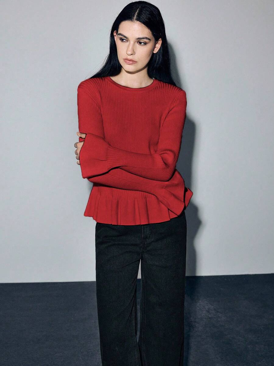 Lumivelle 女款純色喇叭袖修身秋季套頭毛衣,酒紅色優雅日常穿搭,適合冬季假期通勤、度假、新年、聖誕節 - 紅色 - 查看 1