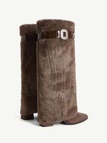 CUCCOO CHICEST Women's Fashionable Commuter Fluffy Chunky Heel Knee-High Boots Valentine's Day - Coffee Brown - View 8