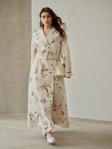 MOTF PREMIUM PLUS SIZE FLORAL PRINT LAPEL COLLAR SLANT POCKET BUCKLE BELTED LONGLINE TRENCH COAT