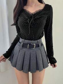 FRIFUL 女士优雅波点印花撞色蕾丝扭结前襟修身T恤，适合日常通勤，长袖 - 黑色 - 查看 6