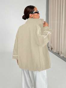 SHEIN Unity 白色拉链运动夹克，饰有条纹滚边 - 卡其色 - 查看 2