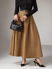Heiryn Elegant Pleated A-Line Skirt For Commuting Khaki Skirt Women Long Brown Skirt Coffee Brown Skirt Elegant Skirt - Khaki - View 3