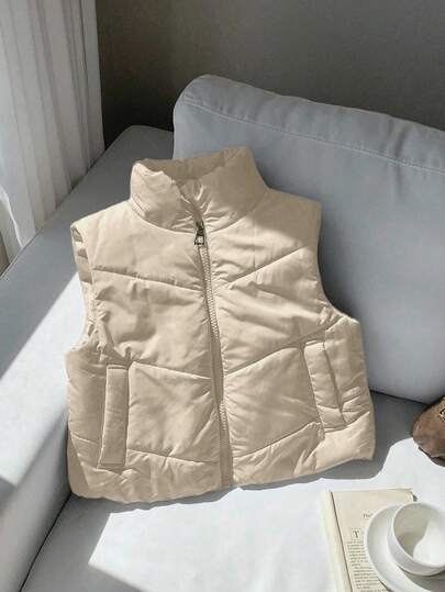 Chaleco acolchado con cuello alto versátil y casual para niñas preadolescentes, ideal para otoño/invierno