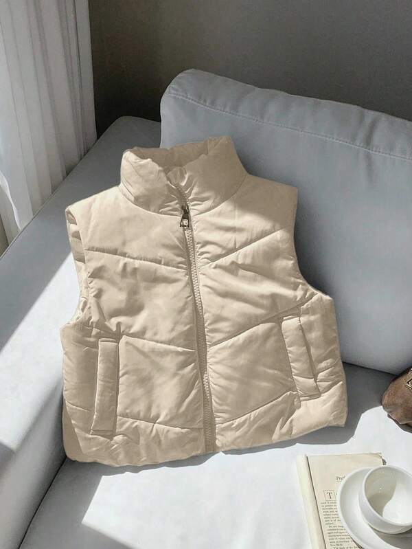 少女休闲百搭绗缝立领短款加厚背心，秋冬季