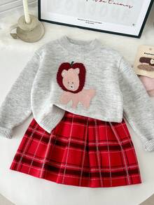 Genkimix Kids Young Girl Cartoon Pattern Sweater & Plaid Skirt Set - Multicolor - View 1