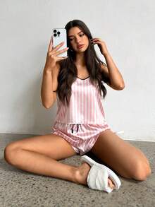 Aloruh 女士夏季撞色条纹印花吊带背心和抽绳腰短裤睡衣套装 - 淺粉色 - 查看 6