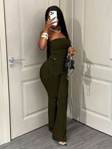 Zolique Women's Sexy Striped Bandeau Top And Pants 2 Pieces Set - Olive Green - View 4