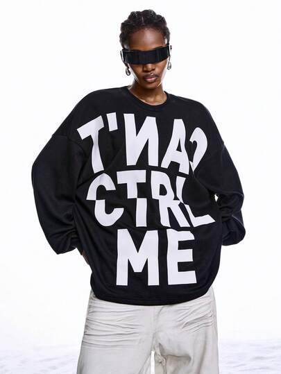 LYSMO 女士休闲标语印花落肩宽松卫衣，秋冬款