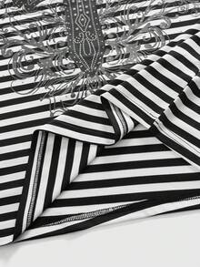 ROMWE MEN Street Life 男士休闲十字印花条纹圆领长袖T恤，秋季款 - 黑與白 - 查看 5