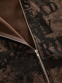 ROMWE MEN Street Life Men's Slogan Print Zip-Up Hooded Sweatshirt - Brown - View 5