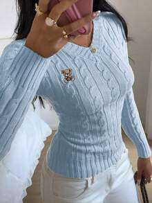 SHEIN EZwear 女士小熊刺绣长袖毛衣，女士套头毛衣，浅蓝色上衣，女士蓝色毛衣，女士毛衣 - 藍色 - 查看 6