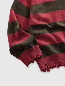 ROMWE MEN Grunge Punk 男士不对称破洞条纹休闲宽松长袖毛衣，冬季款 - 紅色 - 查看 4