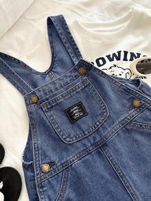 SHEIN Young BoyFitted Blue Denim Bib Shorts - Dark Wash - View 6