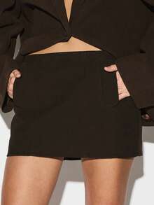 KIZN Business Professional Mini Skirt With Side Pockets And Seam Detail For Office Wear Fall Winter - Coffee Brown - View 1