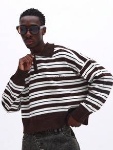 SUMWON Relaxed Fit Quarter Zip Striped Knitted Polo Sweater With Long Sleeves And Ribbed Collar For Casual Fall Winter Wear - Brown - View 4