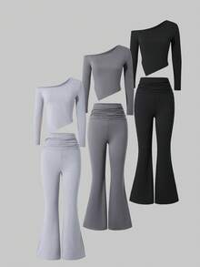 Bộ 3 áo thun bó vai bất đối xứng ChillGRL và quần ống loe nhún bèo, trang phục mùa thu thoải mái, phù hợp cho thanh thiếu niên và phụ nữ trẻ - Nhiều màu - Xem 3