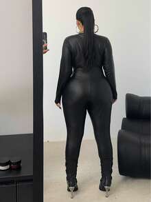 POPSWAY Plus Size Sexy Long Sleeve Tight Coated Leather Jumpsuit