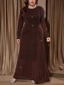 SHEIN Clasi 大码优雅派对闪亮扭结连衣裙 优雅派对礼服 圣诞派对服装 - 咖啡棕 - 查看 5