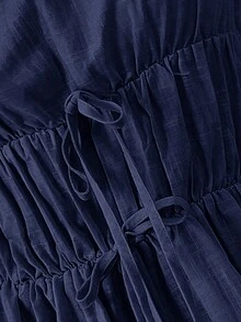 Siren Gaze 秋季新款褶皱抽绳超长喇叭袖A字连衣裙，自然色，舒适宽松休闲秋冬长款女装 - 藍色 - 查看 6