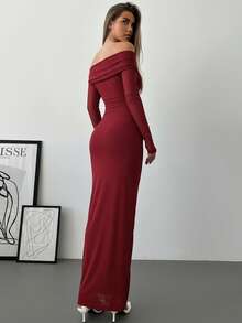 Aloruh Váy hẹn hò lãng mạn trễ vai phối lưới, thắt nút xoắn, chi tiết nhún bèo, tay dài - Màu Đỏ Sâu - Xem 2