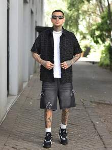 Devon Thys 男士黑色格紋襯衫，流蘇修飾，高端時尚的美式毛邊襯衫 - 黑色 - 查看 6