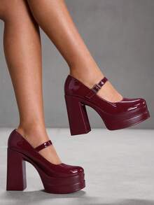 CUCCOO SZL Women's Fashion Black Mary Jane Platform Thick High Heel Pumps, Suitable For Commuting, Dating, Party, Holiday Events For Christmas - Burgundy - View 2