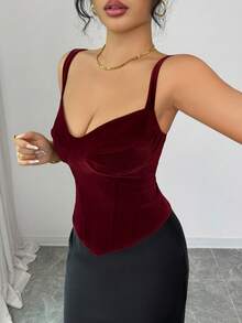 SHEIN Elenzya 女士奢华复古优雅酒红色天鹅绒吊带深V领高腰修身短款吊带背心，适合日常穿着、婚礼、正式派对、通勤、毕业派对、假日、约会、聚会、万圣节、圣诞节、新年、感恩节等场合。 - 酒紅色 - 查看 7