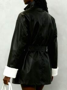 INAWLY Women's Fashionable Versatile Thick PU Jacket, Winter - Black - View 2