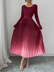 Elenzga 渐变色优雅连衣裙，饰有镂空褶皱设计，性感女士长款连衣裙套装 - 酒紅色 - 查看 6