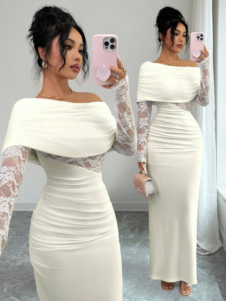 Rafferiza Women's Sexy & Elegant Asymmetric Neck Ruched Lace Patchwork Long Sleeve White Dress - Apricot - View 1
