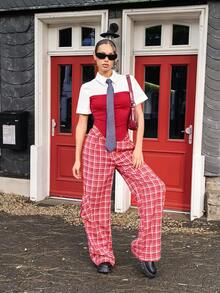 Chiquease Áo thun dệt kim tay ngắn cổ bẻ màu đỏ và trắng thanh lịch, gợi cảm, tương phản dành cho nữ, mùa xuân/thu - Đỏ và trắng - Xem 9