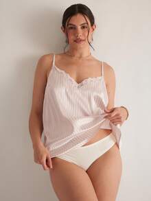 Freevana Plus Size Casual Versatile Striped Lace Patchwork Camisole Top Valentine's Day - Apricot - View 4