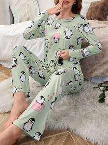 1件装女士牛奶丝140克数码印花睡衣套装，可爱企鹅睡衣，卡哇伊睡衣，卡通睡衣套装，女士冬季服装