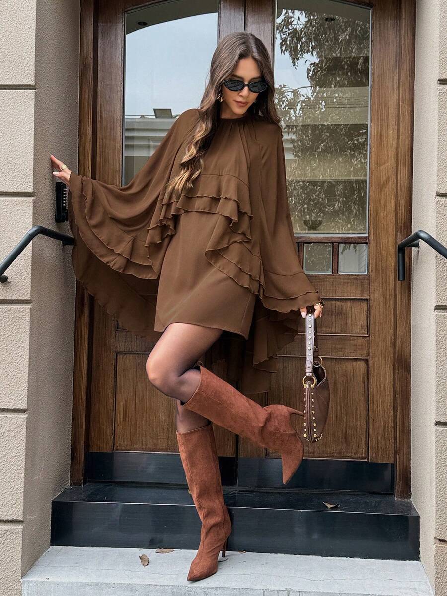 Siren Gaze 女士优雅通勤纯色荷叶边迷你连衣裙 - 棕色 - 查看 1