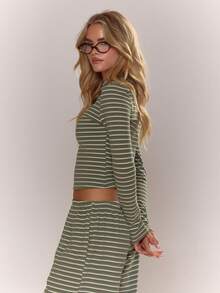 MUSERA Striped Fitted Long Sleeve Crew Neck Top Fall Autumn Cosy Cute Casual Coffee Club Elegant Spring Summer - Green - View 4