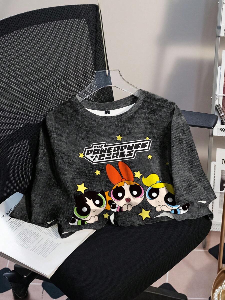 THE POWERPUFF GIRLS X SHEIN 女式休闲时尚街头风格可爱花朵、泡泡、毛茛图案水洗宽松 T 恤，夏季 - 白色 - 查看 1