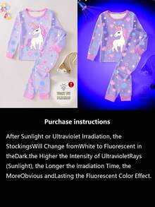 Toddler Girls  Loungewear Set Snug Fit 2-Piece Set - Blue Purple Unicorn Glow Print Long Sleeve Pajamas Set Cute Unicorn Luminous Applique Design Blue Purple Pink Dreamy Color Glow Luminous Fabric Long Sleeve Crew Neck Top Unicorn Glow Pants Combo Social Media Style Magical 2026 New Year Holiday Essential Little Girls Glow Home Set Night Clothes For Kids .This Product Requires UV Light Exposure To Glow. - Purple - View 7