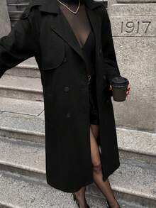 Lavishia 女士仿麂皮绒保暖内衬优雅时尚通勤风衣 - 黑色 - 查看 5