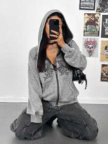 StreetHx Women's Y2K Style Gothic Retro Distressed Loose Hoodie Streetwear, Autumn/Winter - Grey - View 5