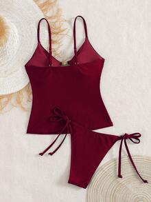Swim Chiccia Women's Beach Summer Music Festival Spaghetti Strap Metal Jewelry Knotted Thong Mature Vacation Style Tankini Set - Burgundy - View 2