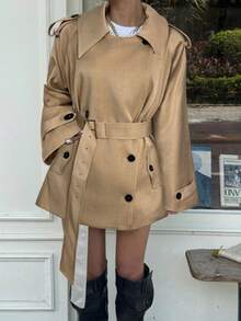 Muchica 女士时尚优雅双排扣束带风衣法式风衣女装风衣秋冬女装风衣 - 卡其色 - 查看 6