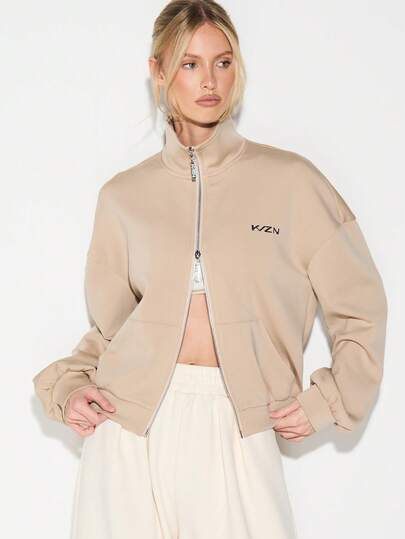 KIZN 米色氯丁橡胶全拉链卫衣，高领长袖，休闲街头风外套，适合秋冬季日常穿着。