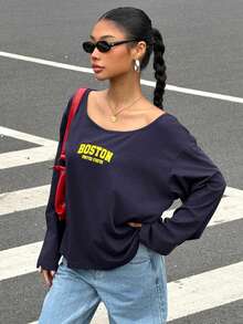 Muchica Letter Print Knit Loose Fit One Shoulder Long T-Shirt For Women,For Going Out, Streetwear, Y2K - Royal Blue - View 4