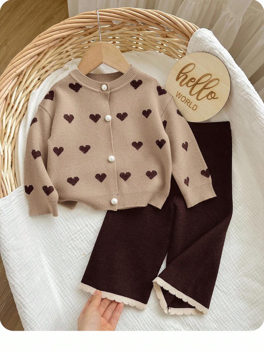 SHEIN Baby Girl Casual Heart Jacquard Cardigan And Knit Pants Set, Autumn/Winter - Khaki - View 1